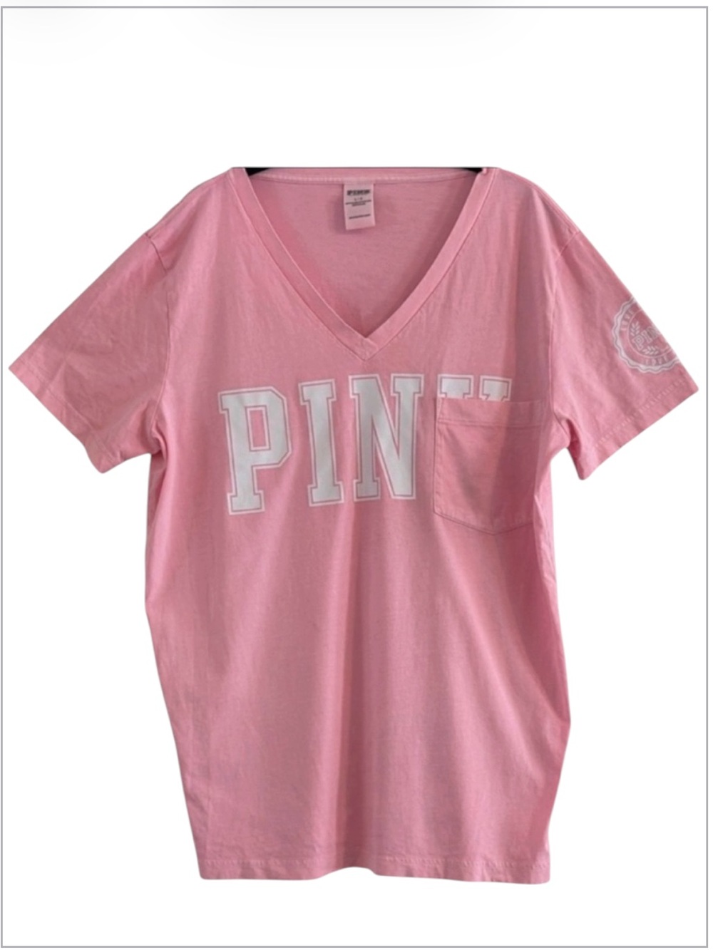 Y2K Vintage PINK Victoria Secret V Neck Pocket T-Shirt Barbiecore Bright Pink L